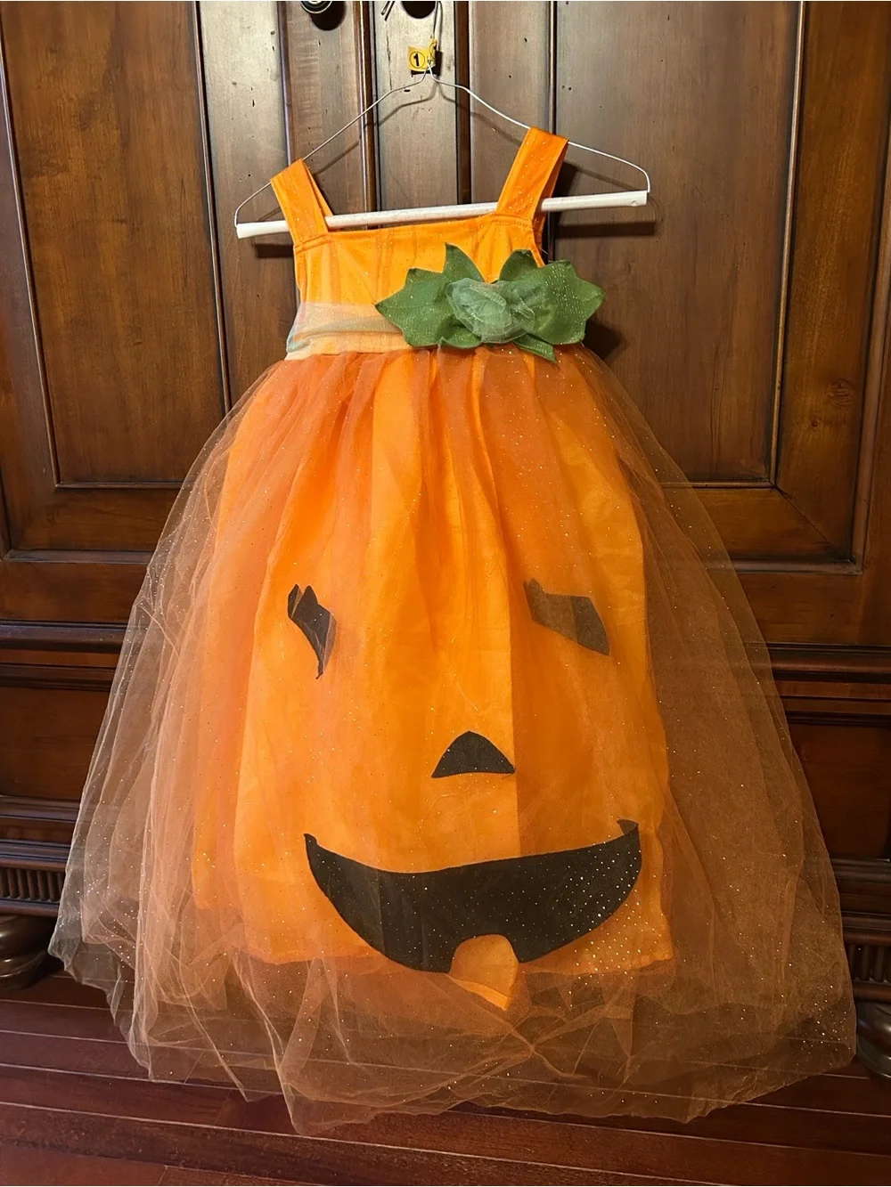 Pottery Barn Kids Light Up Orange Pumpkin Tulle Dress with Green Leaf Accent
